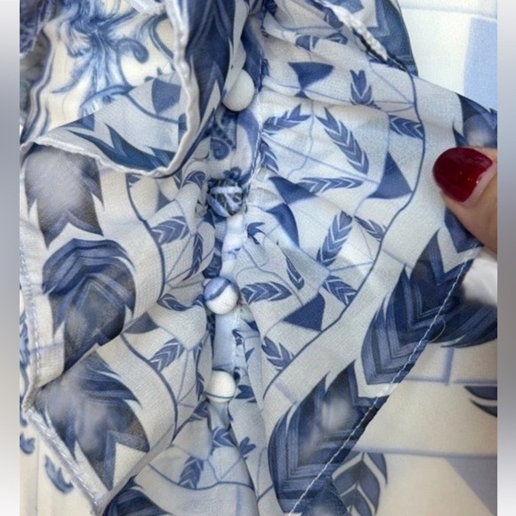 PatBO Amalfi Convertible White/Blue Printed Ruffle Chiffon Maxi Dress Size XS - Picture 14 of 17